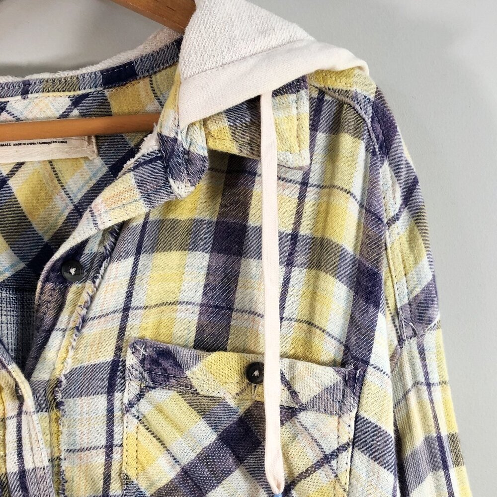FP We the Free Calico Basin Distressed Yellow & Blue Hoodie Shacket OB9992328 S - Picture 6 of 16
